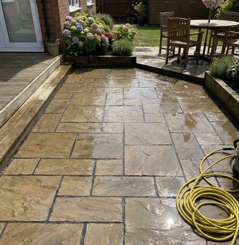 Freshly pressure washed patio pavers